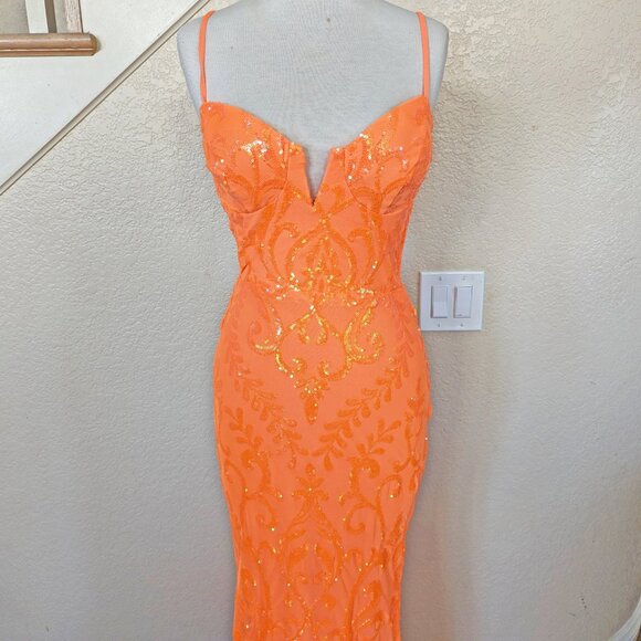 Neon Orange Sequined Formal Prom Homecoming Evening Mermaid Dress 2 - Picture 3 of 4